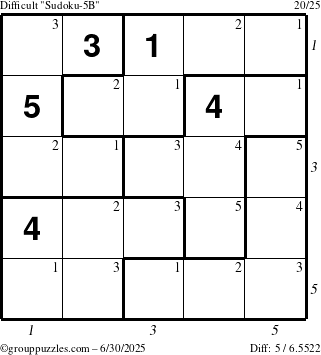The grouppuzzles.com Difficult Sudoku-5B puzzle for Monday June 30, 2025 with all 5 steps marked