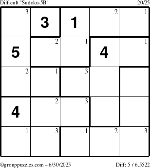 The grouppuzzles.com Difficult Sudoku-5B puzzle for Monday June 30, 2025 with the first 3 steps marked