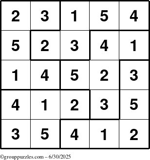 The grouppuzzles.com Answer grid for the Sudoku-5B puzzle for Monday June 30, 2025