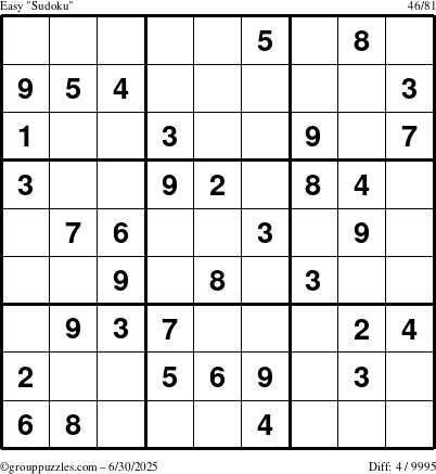 The grouppuzzles.com Easy Sudoku puzzle for Monday June 30, 2025