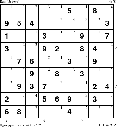 The grouppuzzles.com Easy Sudoku puzzle for Monday June 30, 2025 with all 4 steps marked