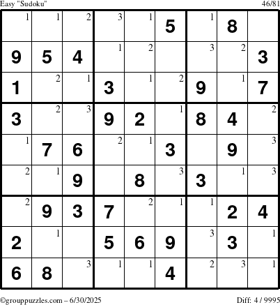 The grouppuzzles.com Easy Sudoku puzzle for Monday June 30, 2025 with the first 3 steps marked