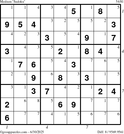 The grouppuzzles.com Medium Sudoku puzzle for Monday June 30, 2025 with all 8 steps marked