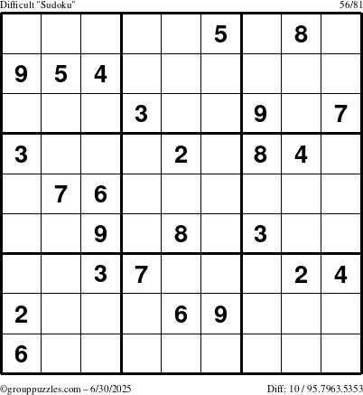 The grouppuzzles.com Difficult Sudoku puzzle for Monday June 30, 2025