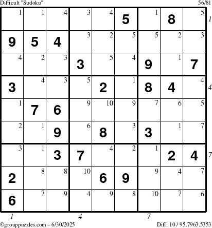 The grouppuzzles.com Difficult Sudoku puzzle for Monday June 30, 2025 with all 10 steps marked