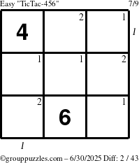 The grouppuzzles.com Easy TicTac-456 puzzle for Monday June 30, 2025 with all 2 steps marked