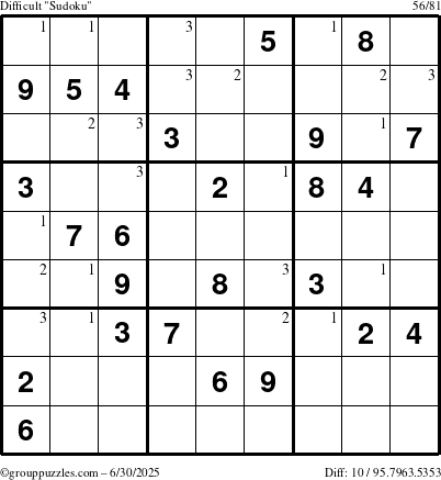 The grouppuzzles.com Difficult Sudoku puzzle for Monday June 30, 2025 with the first 3 steps marked