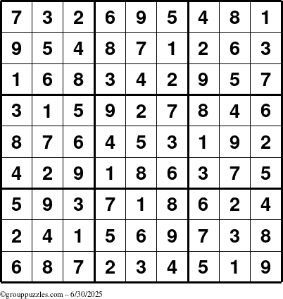 The grouppuzzles.com Answer grid for the Sudoku puzzle for Monday June 30, 2025