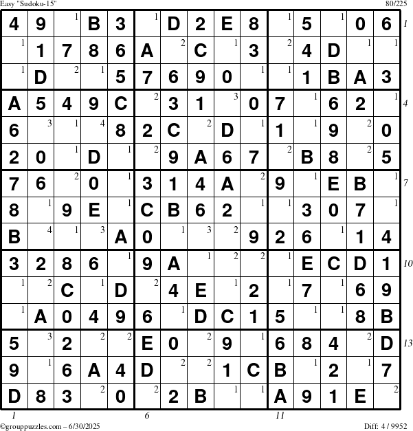 The grouppuzzles.com Easy Sudoku-15 puzzle for Monday June 30, 2025 with all 4 steps marked