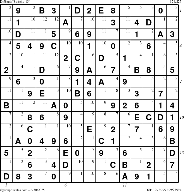 The grouppuzzles.com Difficult Sudoku-15 puzzle for Monday June 30, 2025 with all 12 steps marked