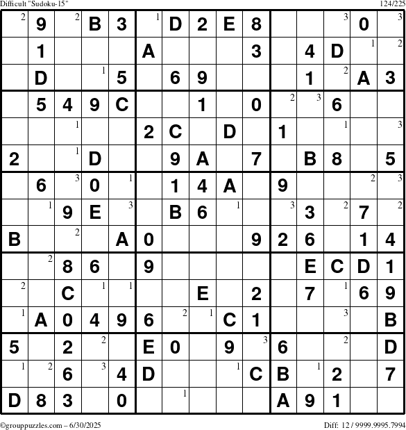 The grouppuzzles.com Difficult Sudoku-15 puzzle for Monday June 30, 2025 with the first 3 steps marked