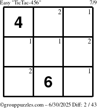 The grouppuzzles.com Easy TicTac-456 puzzle for Monday June 30, 2025 with the first 2 steps marked
