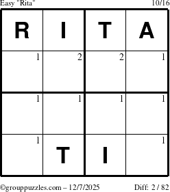 The grouppuzzles.com Easy Rita puzzle for Sunday December 7, 2025 with the first 2 steps marked