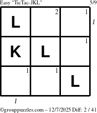 The grouppuzzles.com Easy TicTac-JKL puzzle for Sunday December 7, 2025 with all 2 steps marked