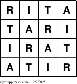 The grouppuzzles.com Answer grid for the Rita puzzle for Sunday December 7, 2025