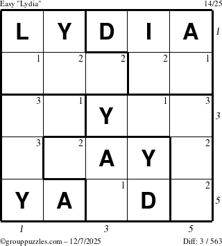 The grouppuzzles.com Easy Lydia puzzle for Sunday December 7, 2025 with all 3 steps marked
