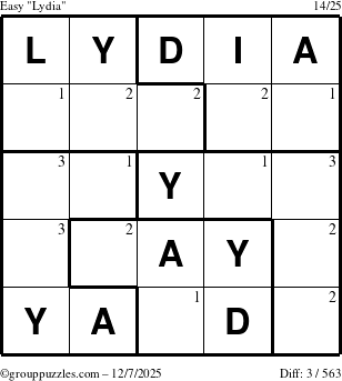 The grouppuzzles.com Easy Lydia puzzle for Sunday December 7, 2025 with the first 3 steps marked