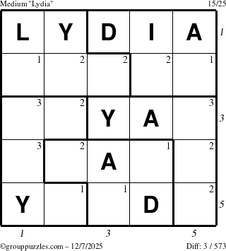 The grouppuzzles.com Medium Lydia puzzle for Sunday December 7, 2025 with all 3 steps marked