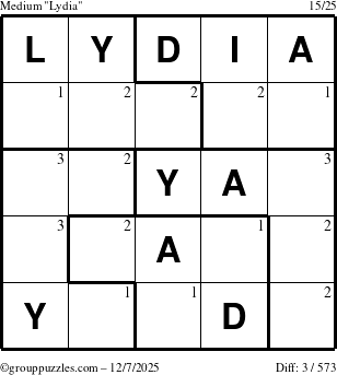 The grouppuzzles.com Medium Lydia puzzle for Sunday December 7, 2025 with the first 3 steps marked
