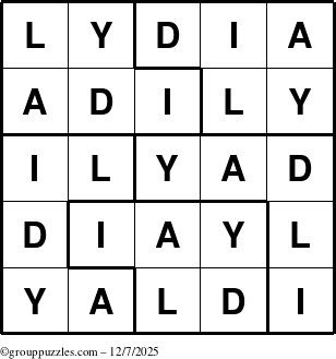The grouppuzzles.com Answer grid for the Lydia puzzle for Sunday December 7, 2025
