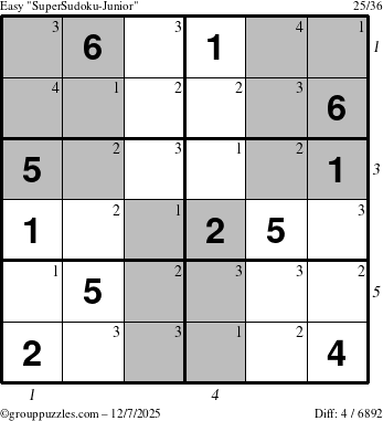The grouppuzzles.com Easy SuperSudoku-Junior puzzle for Sunday December 7, 2025, suitable for printing, with all 4 steps marked