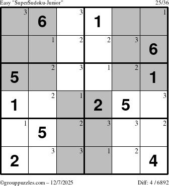 The grouppuzzles.com Easy SuperSudoku-Junior puzzle for Sunday December 7, 2025 with the first 3 steps marked