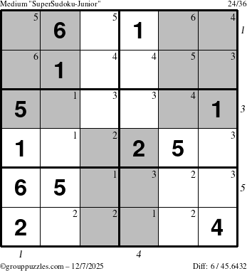The grouppuzzles.com Medium SuperSudoku-Junior puzzle for Sunday December 7, 2025 with all 6 steps marked