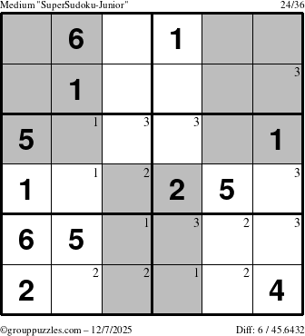The grouppuzzles.com Medium SuperSudoku-Junior puzzle for Sunday December 7, 2025 with the first 3 steps marked