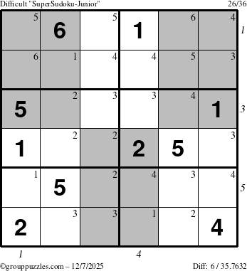 The grouppuzzles.com Difficult SuperSudoku-Junior puzzle for Sunday December 7, 2025 with all 6 steps marked