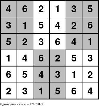 The grouppuzzles.com Answer grid for the SuperSudoku-Junior puzzle for Sunday December 7, 2025