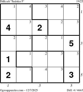 The grouppuzzles.com Difficult Sudoku-5 puzzle for Sunday December 7, 2025, suitable for printing, with all 4 steps marked