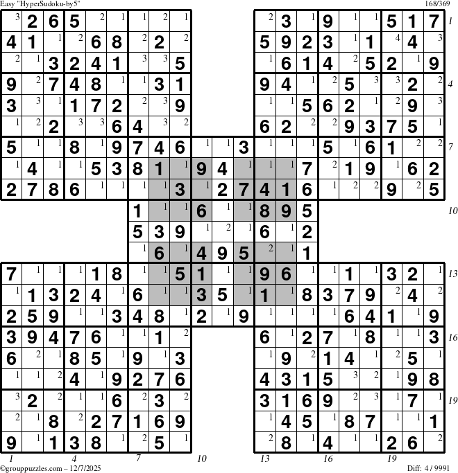 The grouppuzzles.com Easy HyperSudoku-by5 puzzle for Sunday December 7, 2025, suitable for printing, with all 4 steps marked
