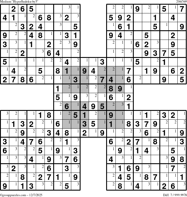 The grouppuzzles.com Medium HyperSudoku-by5 puzzle for Sunday December 7, 2025 with the first 3 steps marked