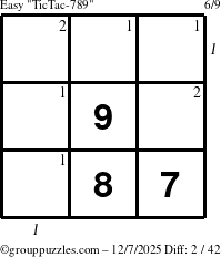 The grouppuzzles.com Easy TicTac-789 puzzle for Sunday December 7, 2025 with all 2 steps marked