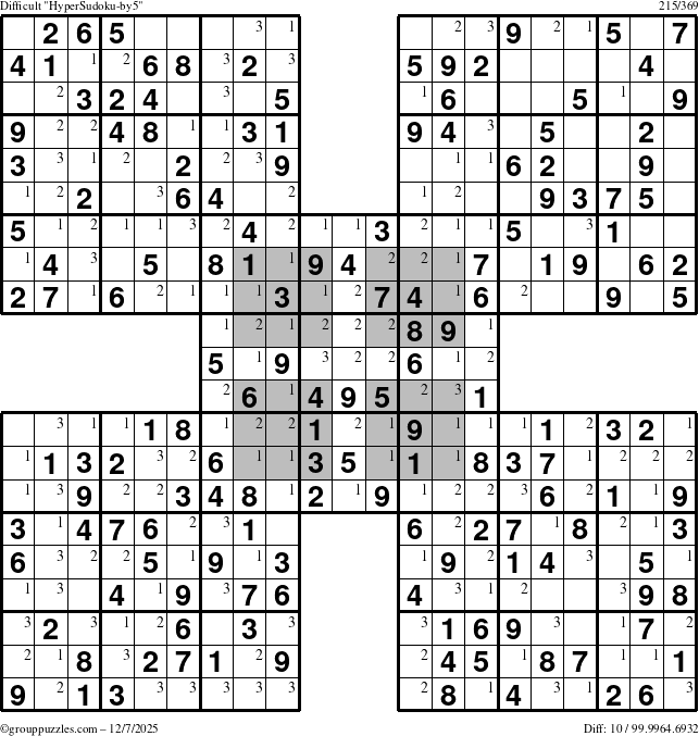 The grouppuzzles.com Difficult HyperSudoku-by5 puzzle for Sunday December 7, 2025 with the first 3 steps marked