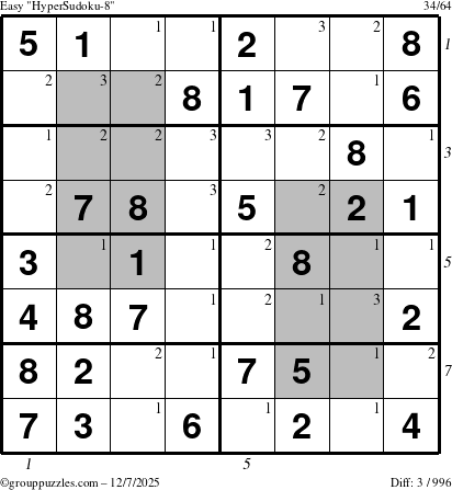 The grouppuzzles.com Easy HyperSudoku-8 puzzle for Sunday December 7, 2025, suitable for printing, with all 3 steps marked