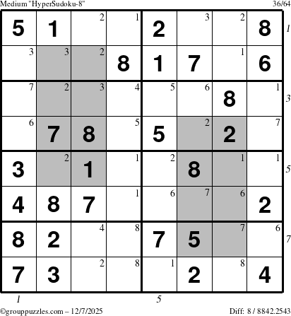 The grouppuzzles.com Medium HyperSudoku-8 puzzle for Sunday December 7, 2025 with all 8 steps marked
