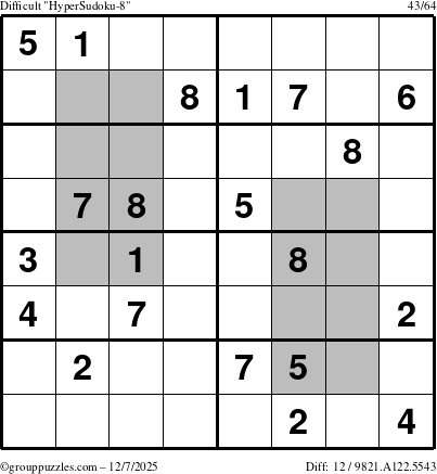 The grouppuzzles.com Difficult HyperSudoku-8 puzzle for Sunday December 7, 2025