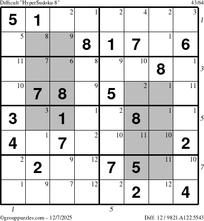 The grouppuzzles.com Difficult HyperSudoku-8 puzzle for Sunday December 7, 2025, suitable for printing, with all 12 steps marked