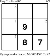 The grouppuzzles.com Easy TicTac-789 puzzle for Sunday December 7, 2025 with the first 2 steps marked