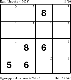 The grouppuzzles.com Easy Sudoku-4-5678 puzzle for Wednesday July 2, 2025 with the first 3 steps marked