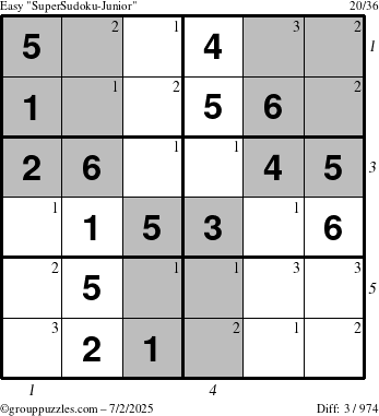The grouppuzzles.com Easy SuperSudoku-Junior puzzle for Wednesday July 2, 2025 with all 3 steps marked