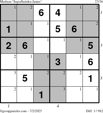 The grouppuzzles.com Medium SuperSudoku-Junior puzzle for Wednesday July 2, 2025 with all 3 steps marked