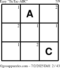 The grouppuzzles.com Easy TicTac-ABC puzzle for Wednesday July 2, 2025 with the first 2 steps marked