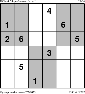 The grouppuzzles.com Difficult SuperSudoku-Junior puzzle for Wednesday July 2, 2025