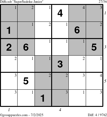The grouppuzzles.com Difficult SuperSudoku-Junior puzzle for Wednesday July 2, 2025 with all 4 steps marked