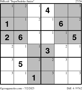 The grouppuzzles.com Difficult SuperSudoku-Junior puzzle for Wednesday July 2, 2025 with the first 3 steps marked