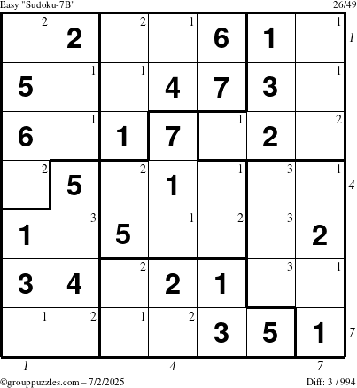 The grouppuzzles.com Easy Sudoku-7B puzzle for Wednesday July 2, 2025 with all 3 steps marked