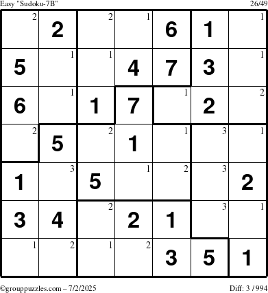 The grouppuzzles.com Easy Sudoku-7B puzzle for Wednesday July 2, 2025 with the first 3 steps marked