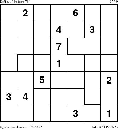 The grouppuzzles.com Difficult Sudoku-7B puzzle for Wednesday July 2, 2025